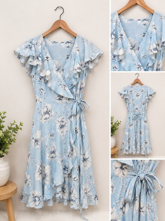 Free People Dresses & Skirts - Free People Blue Floral Cottagecore Dress Sz XS Flutter Sleeve Tie Waist Coastal